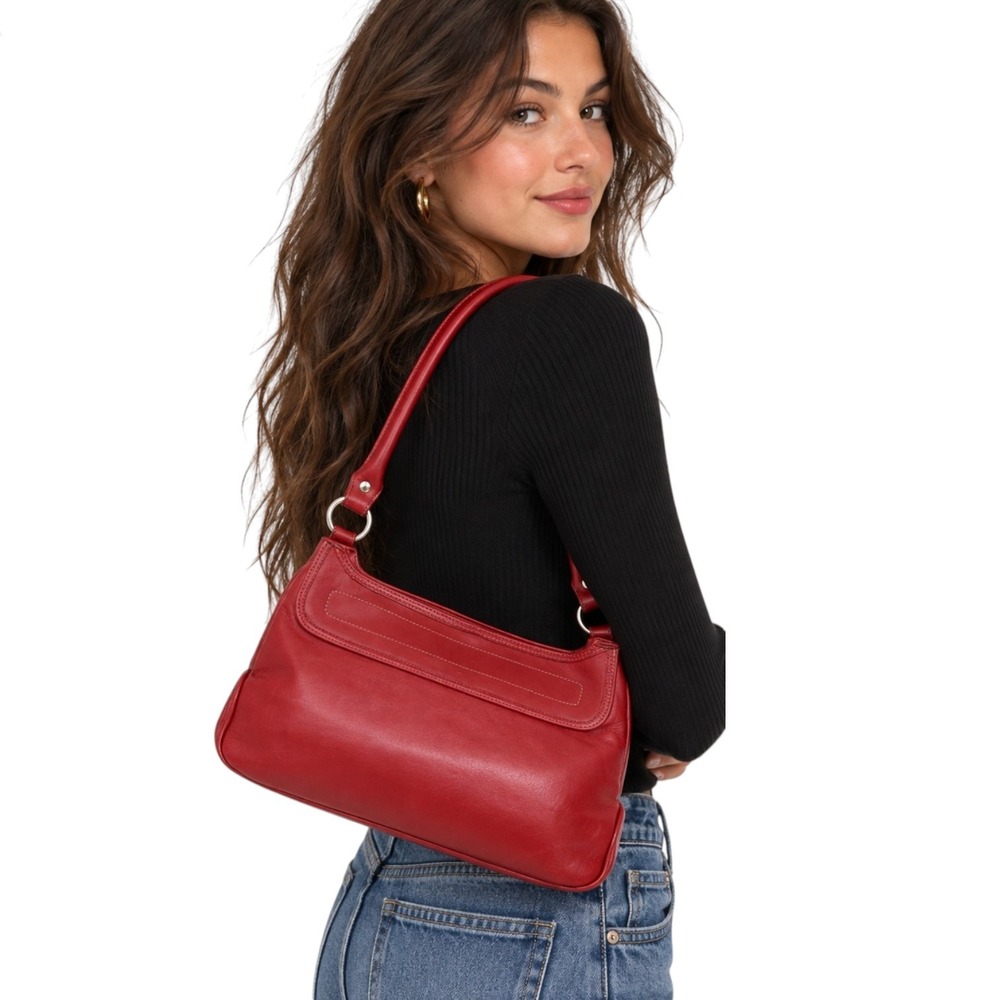 Vintage Y2K Women's Red Leather Shoulder Bag Baguette Purse Silver Hardware